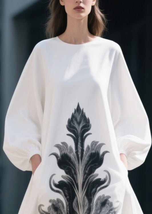 White Oversized Print Chiffon Dress Lantern Sleeve
