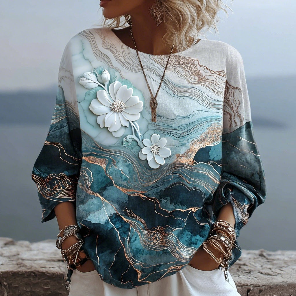 Vintage Gradient Marble Texture Pattern Art Linen Three-quarter Sleeves Shirts elevenforest