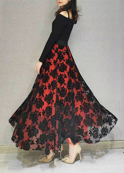Loose Red Flocking Exra Large Hem Tulle Skirts Spring