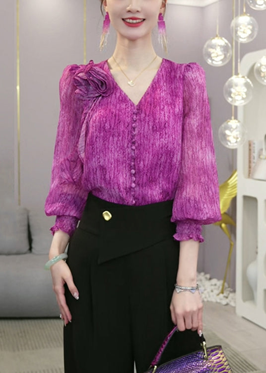 Purple V Neck Tie Dye Chiffon Blouses Fall