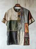 Men's Vintage Patchwork Short Sleeve Linen T Shirt elevenforest