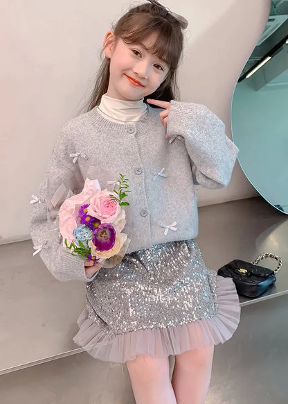 Grey Bow Cotton Knit Kids Cardigan and Skirts Two Pieces Set Spring