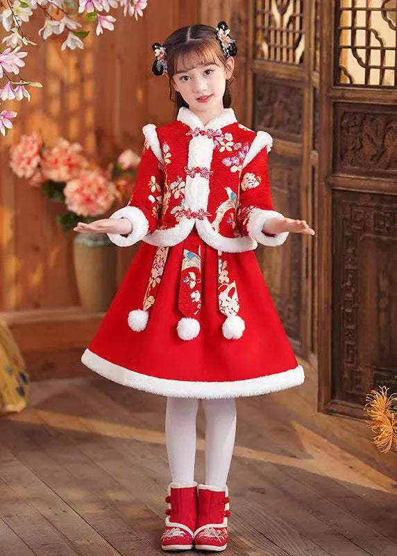 Red Print Coats and Skirts Two Pieces Set Long Sleeve