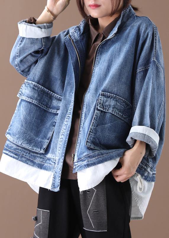 Stand Collar Zippered Fine Crane Coats Denim Blue Art Coats