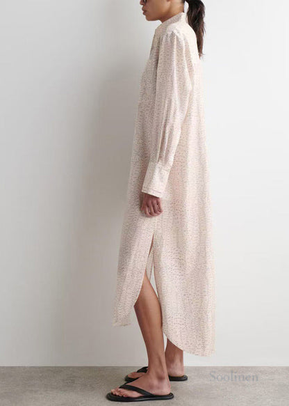 Beige Oversized Print Side Open Long Shirt Dresses Spring