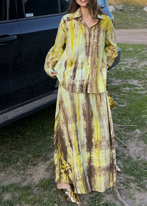 Fitted Purple Peter Pan Collar Tie Dye Shirts and Maxi Skirts Two Piece Set Long Sleeve