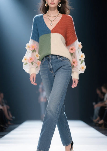 Colorblock V Neck Patchwork Knit Sweater Fall
