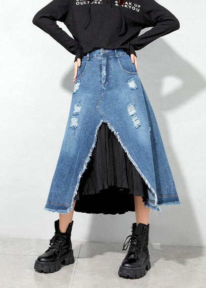 Blue Asymmetrical Patchwork Skirts Spring