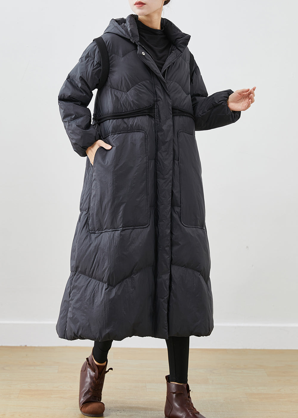 Black Cinched Big Pockets Cotton Blend Down Coat Winter