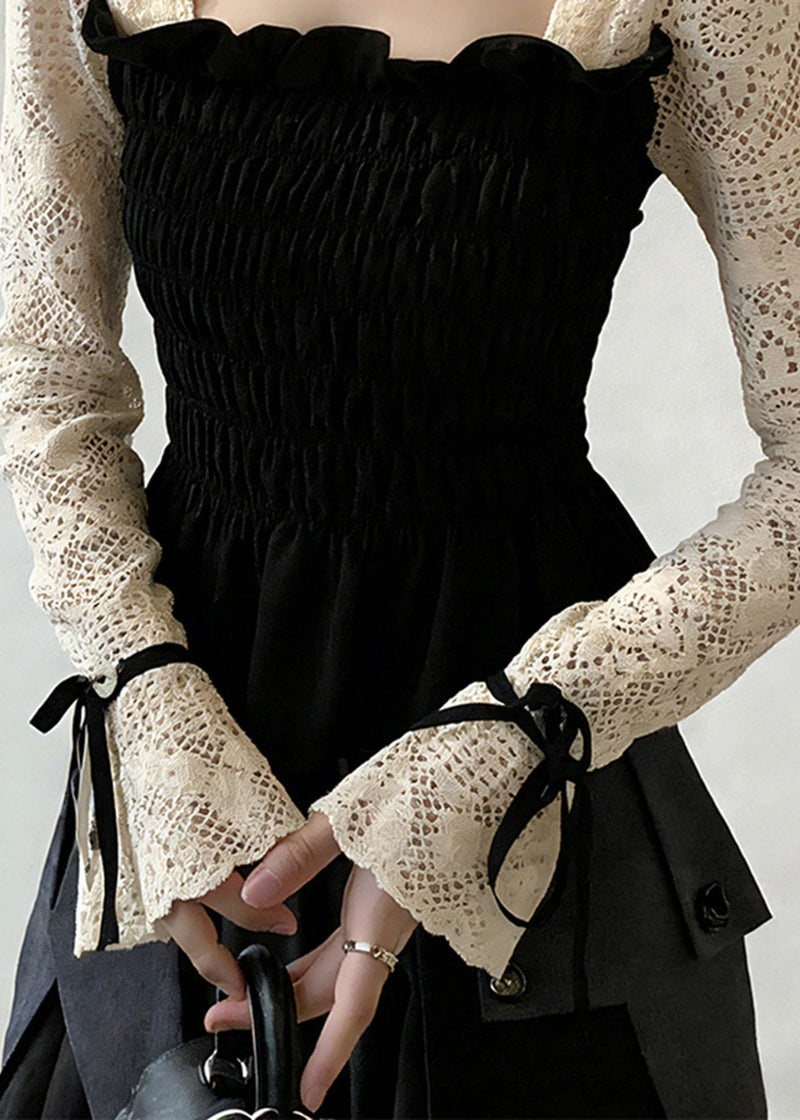 Black Square Collar Patchwork Cotton Shirt Tops Flare Sleeve