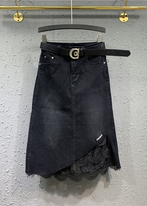 Black Lace Pockets Patchwork Denim Skirt Fall