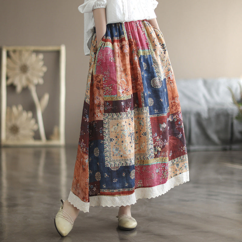 Retro Linen Print Cozy Loose A-line Trimmed Skirt