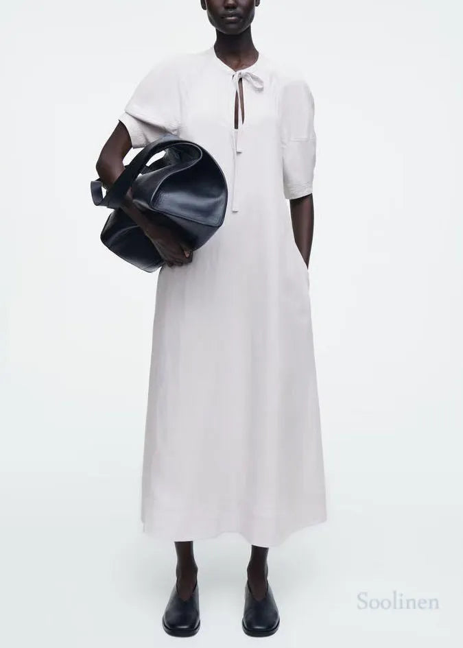 White Tie Neck Cotton Tunic Dress Summer