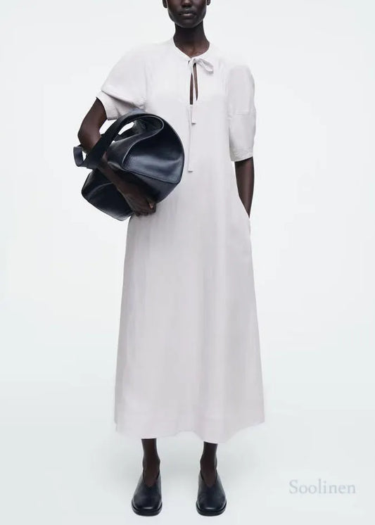 White Tie Neck Cotton Tunic Dress Summer