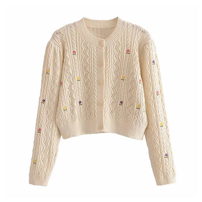 Flower Embroidery Round Neck Knitted Sweater Cardigan Coat 7303