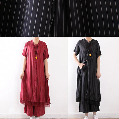 Red Striped Silk Shirt Dress and Elastic Waist Wide Leg Pants Two Pieces