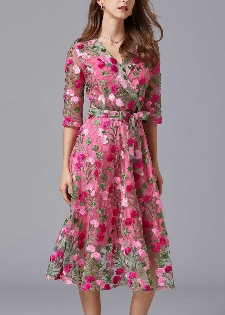 Rose V Neck Embroidered Tie Waist Tulle Mid Dresses Summer