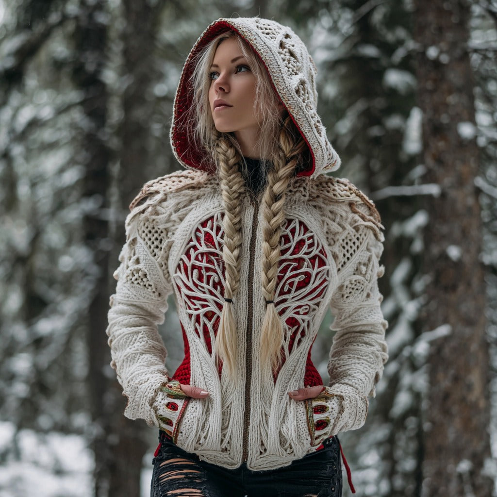 Women's Vintage Viking Tree Of Life Knit Jacquard Zip Hooded Sweater artswardrobe