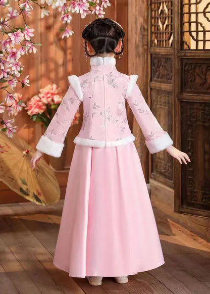 Boutique Pink Stand Collar Print Button Thick Coats and Skirts Two Pieces Set Winter