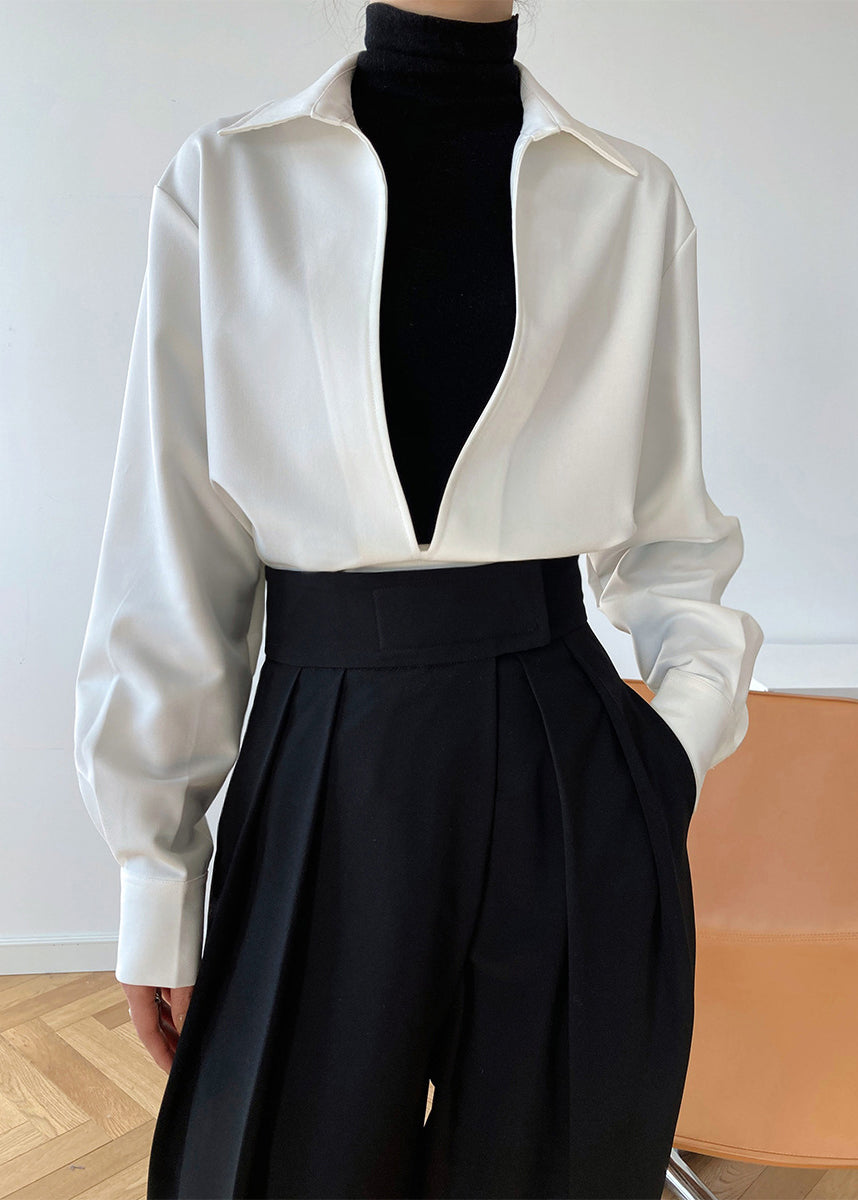Simple White V Neck Cotton Shirts Top Long Sleeve