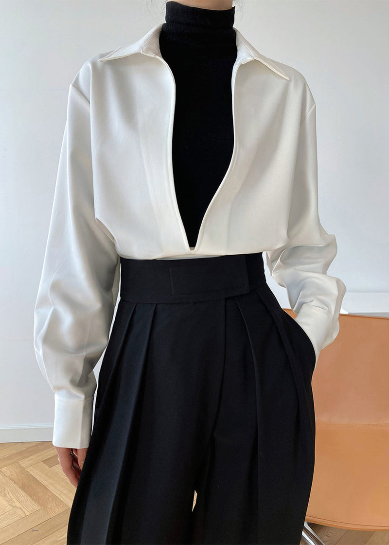 Simple White V Neck Cotton Shirts Top Long Sleeve