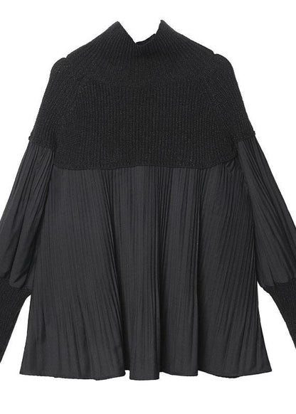 Black Sweater Tops Puff Sleeve Loose Fitting Cinched Knit Tops