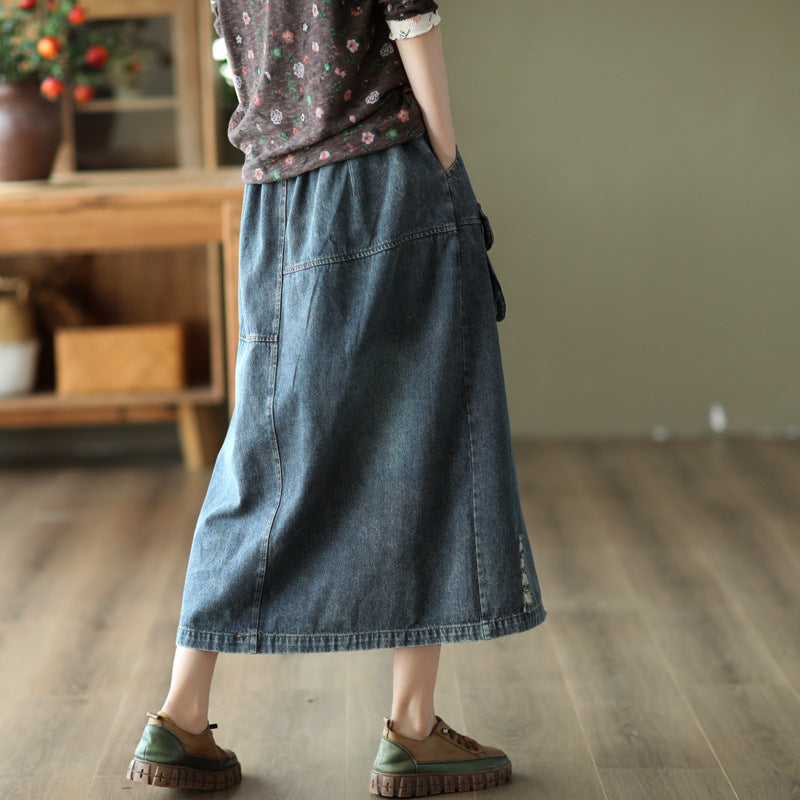 Embroidered Ripped Denim Slim A-line Skirt