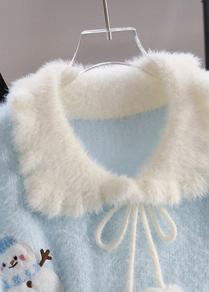 Blue Snowman Fuzzy Ball Decorated Knit Sweater Winter