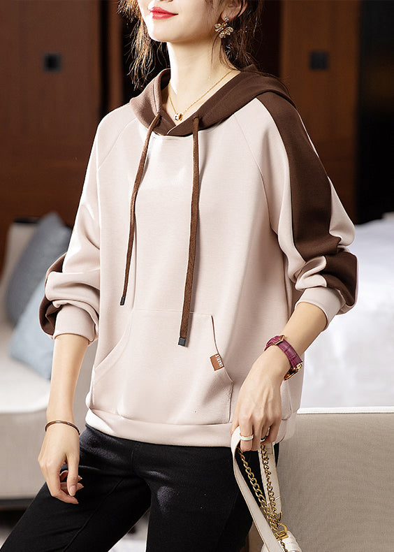 Apricot Hooded Pockets Patchwork Cotton Sweatshirt Fall