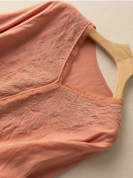 Embroidered V Neck 3/4 Sleeve Linen Tee Top