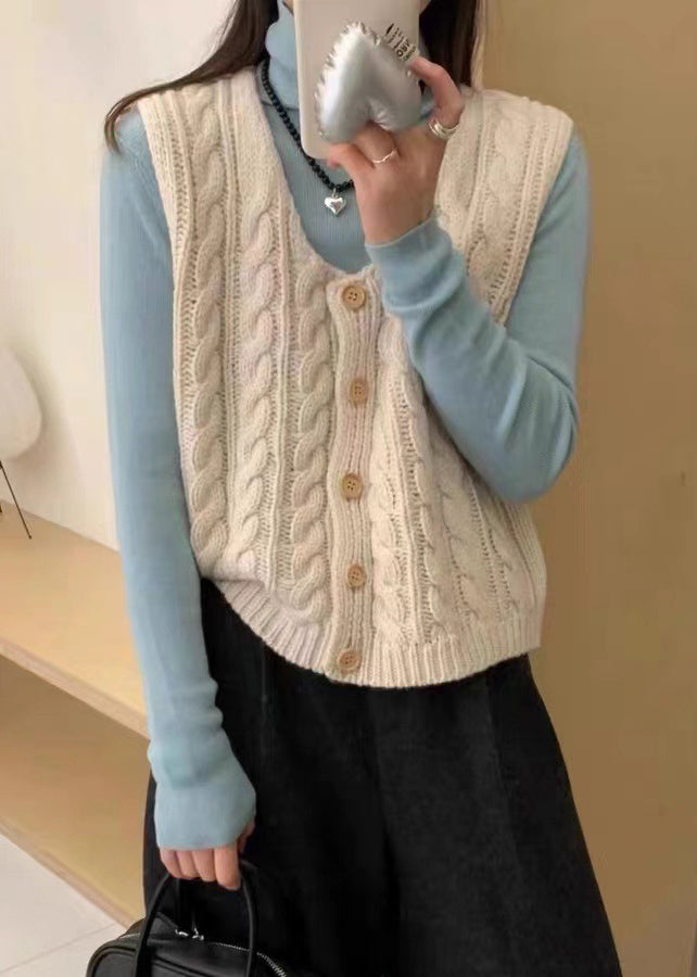 Beige Square Collar Button Knit Vest Top Sleeveless