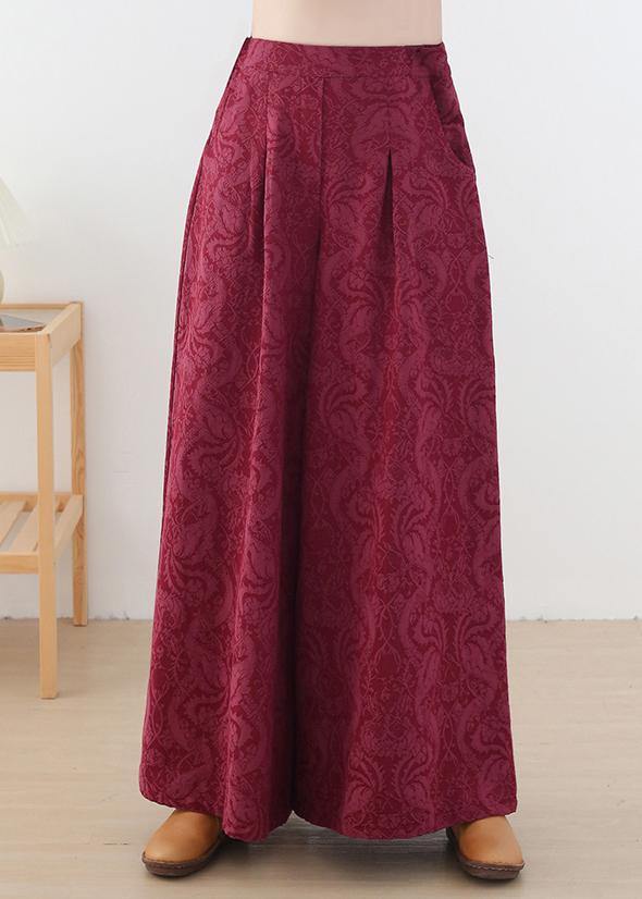 Autumn and Winter Retro Red Jacquard Thickened Wide Leg Pants