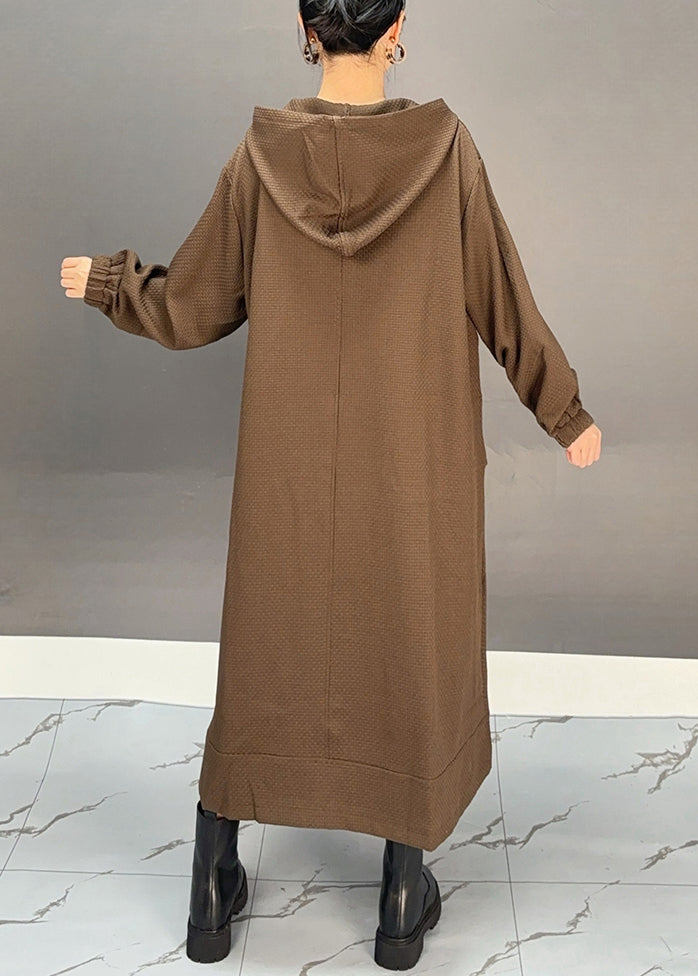 Loose Chocolate Hooded Zippered Pockets Cotton Long Coats Fall
