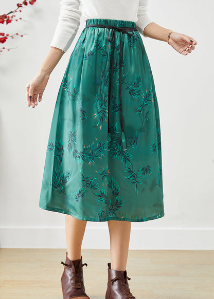 Green Embroideried Bow Silk a Line Skirt Fall
