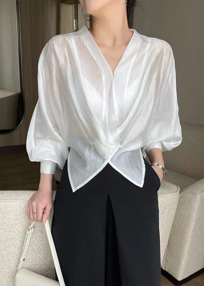 White V Neck Asymmetrical Silk Thin Shirts Spring
