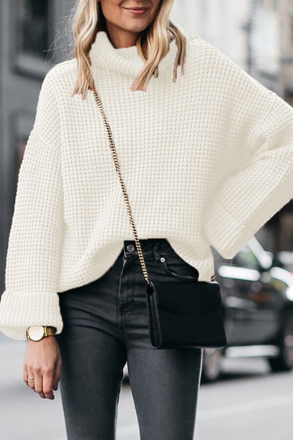 Color High Neck Loose Knit Sweater