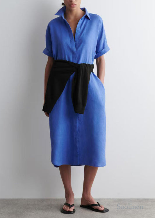 Blue Peter Pan Collar Linen Straight Dresses Summer