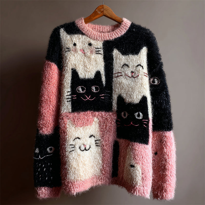 Lovely Cats Colorblock Fuzzy Cozy Knit Sweater artswardrobe