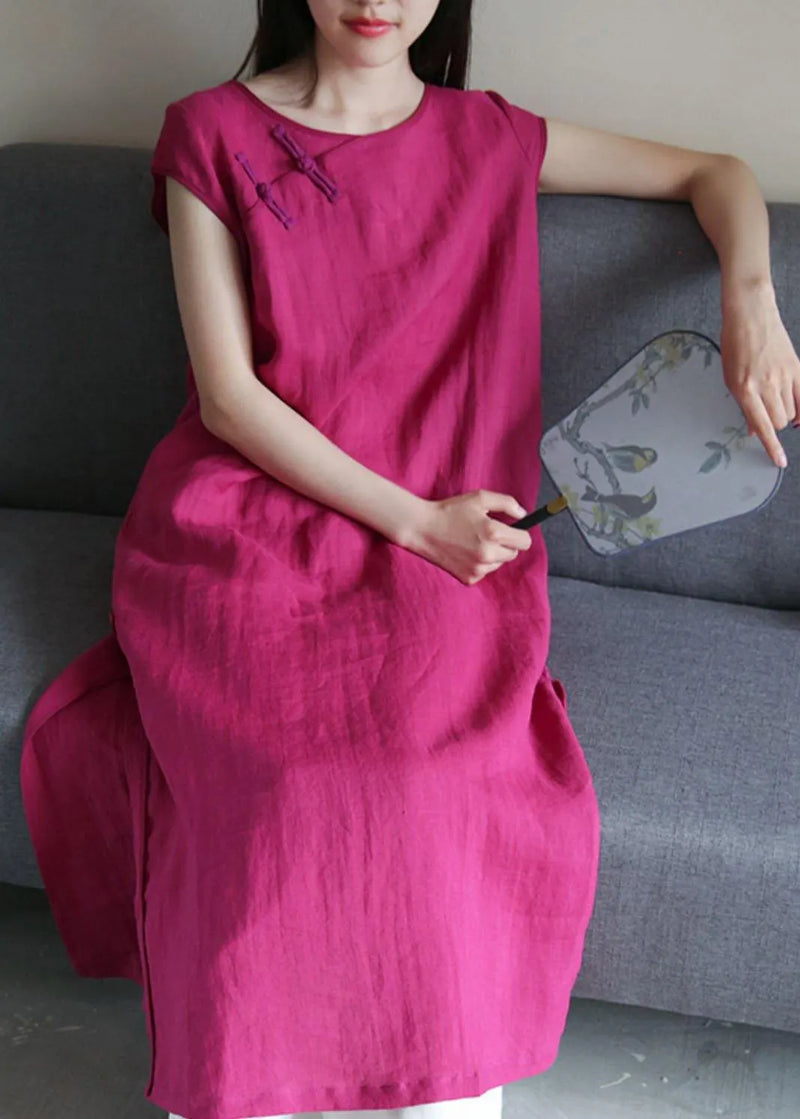 O Neck Side Open Linen Summer Clothes for Work Outfits Rose Dresses