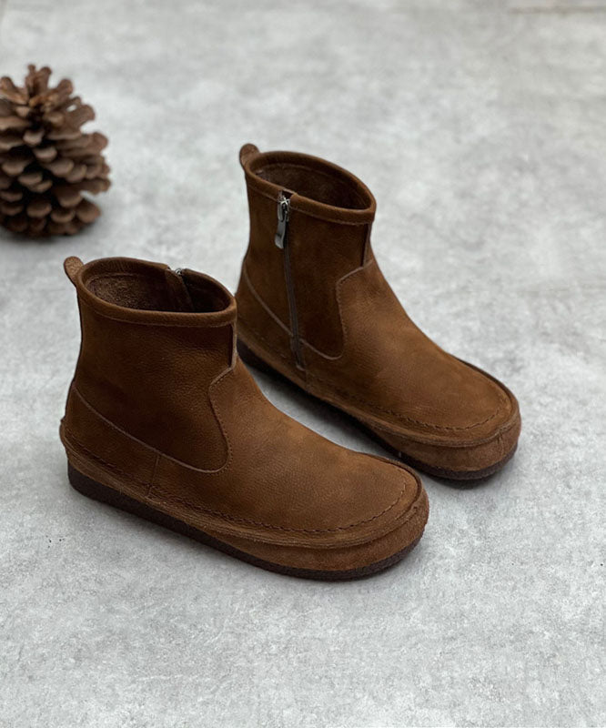 Coffee Cowhide Leather Boots Zippered Ankle Boots