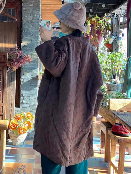 Linen Retro Print Pocket Long Sleeve Coat