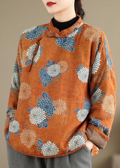 Orange Stand Collar Print Fine Cotton Filled Top Spring