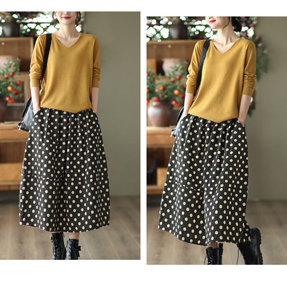 Printed Cotton and Linen Slim Elastic Waist A-line Skirt
