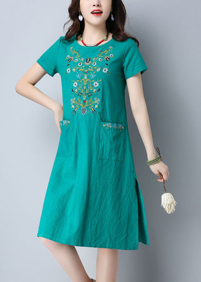 Green O-neck Side Open Embroidered Pockets Cotton Dresses Short Sleeve