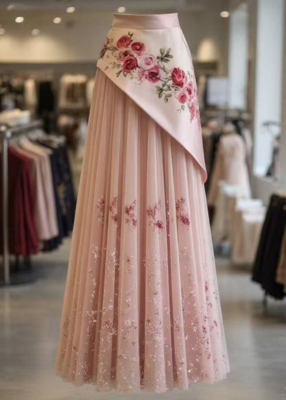 Pink Print Wrinkled Tulle Patchwork Skirt Summer