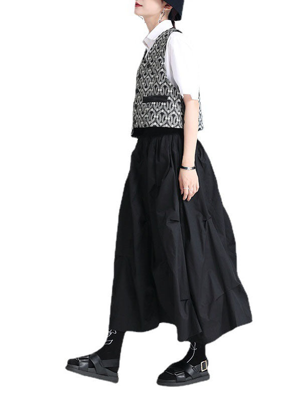 Style Black Elastic Waist Oversized Wrinkled Cotton a Line Skirts