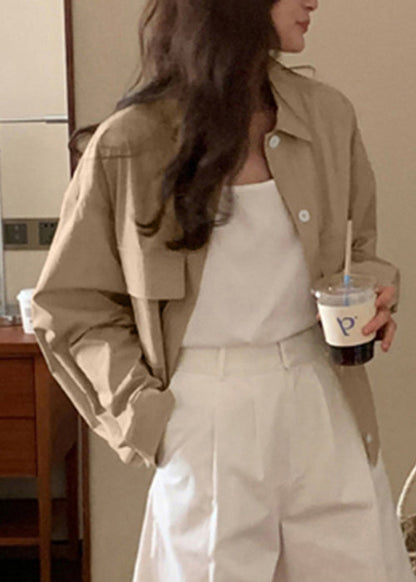 Khaki Button Pockets Cotton Fall Coats Peter Pan Collar
