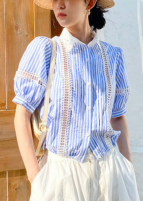 Blue Striped Hollow Out Cotton Blouses Summer
