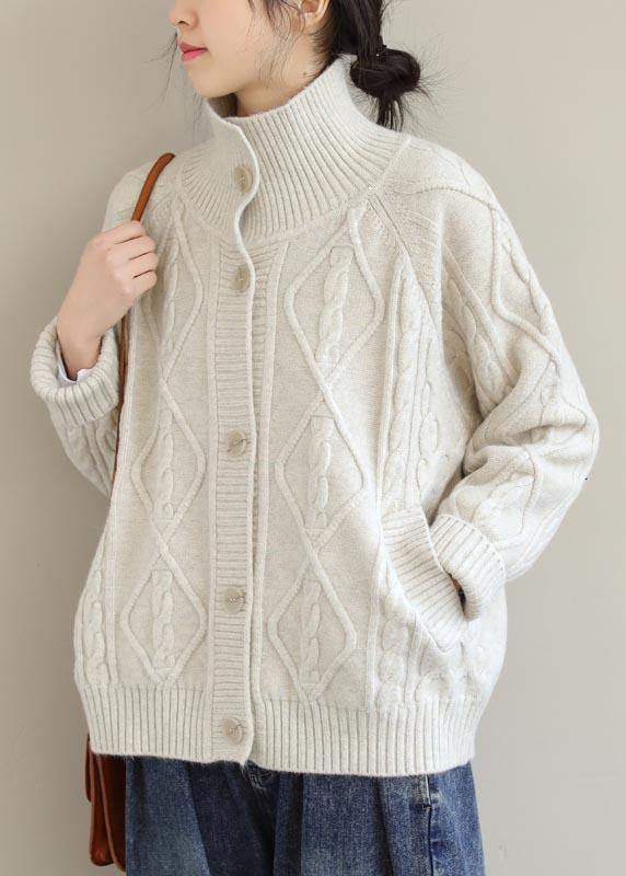 Cozy Beige Sweaters Stand Collar Pockets Knit Sweat Tops