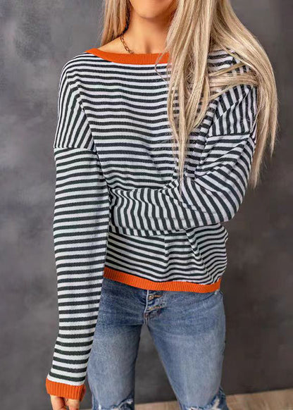 Boutique O Neck Striped Patchwork Knit Tops Long Sleeve